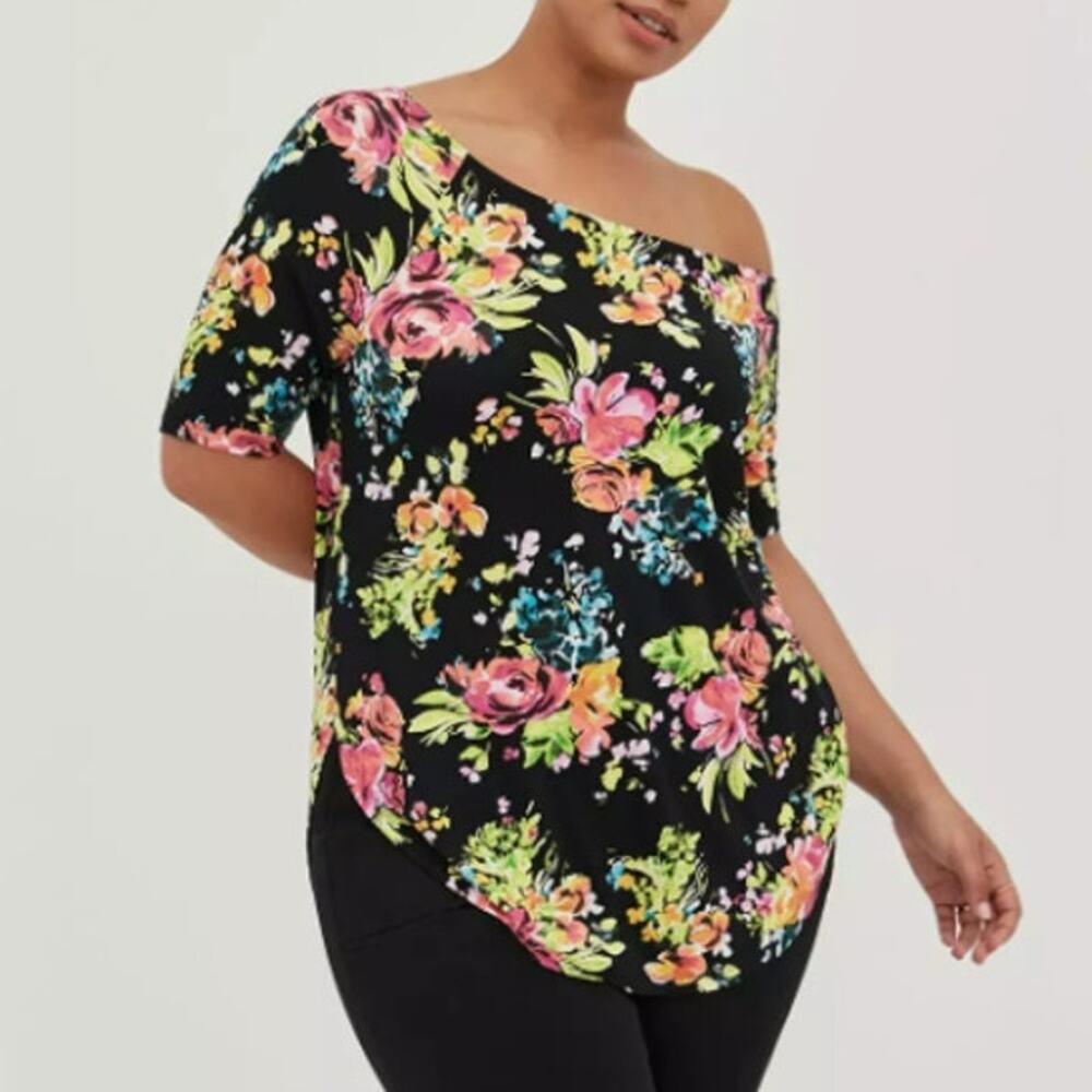 New Torrid Womens 2X Tunic Tee Floral Off-Shoulder Super Soft Short Sleeve